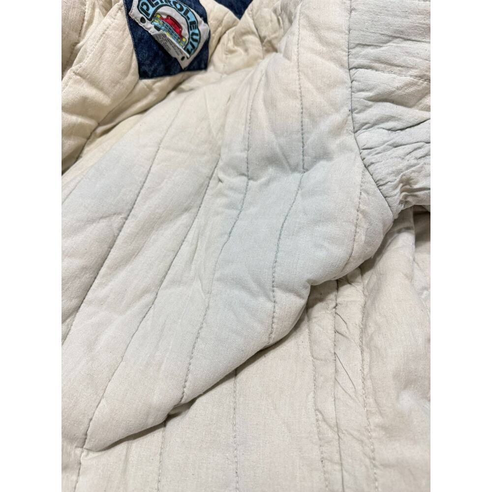 Vintage 70s 80s Quilted Lined Denim Long  Coat Leather Trim Sample Tag Rare - Picture 13 of 15